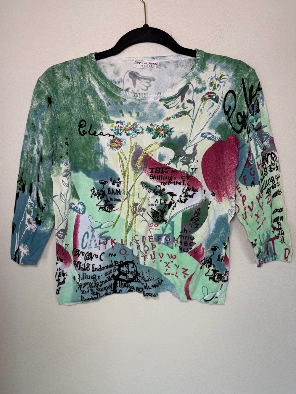 Vintage Drapers & Damon’s Graphic Fairy Grunge Whimsical 3/4 Sleeve Beaded Top